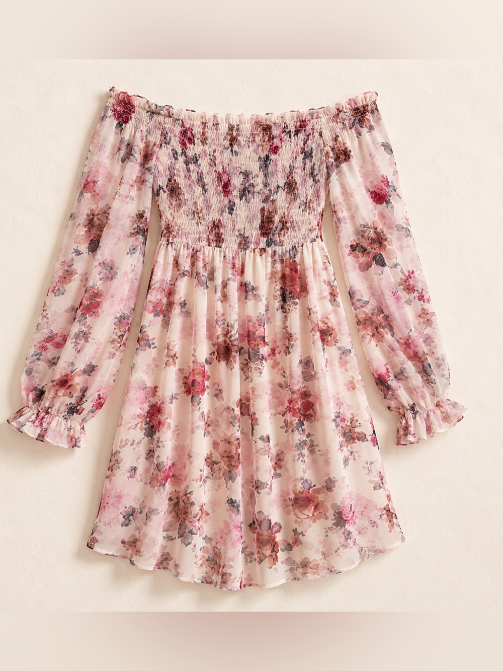 Floral Smocked Peasant Mini Dress Cottagecore Boho Bell Sleeve